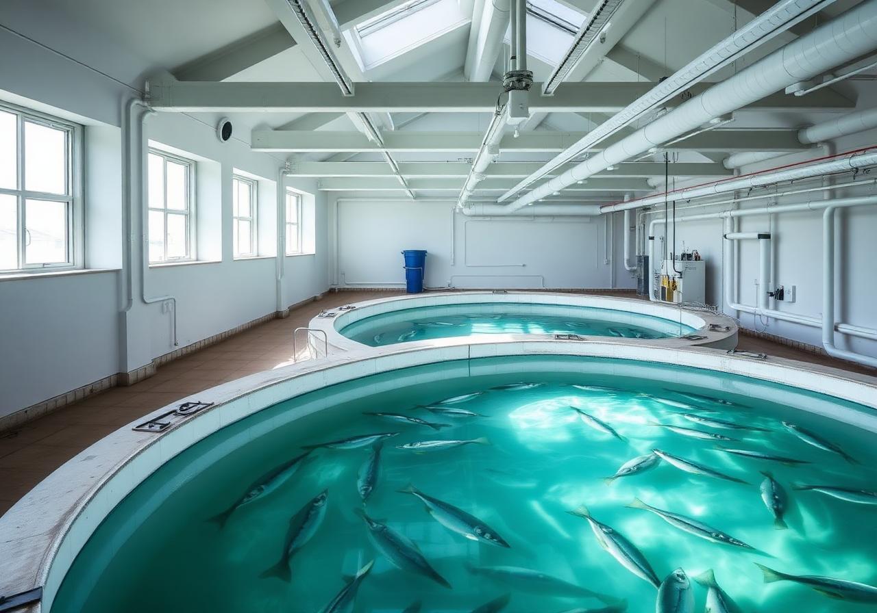 Interior of a land-based RAS aquaculture facility
