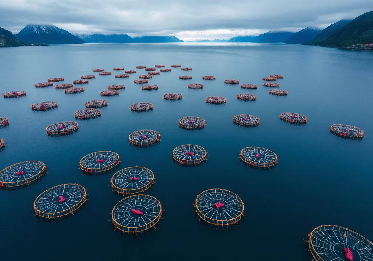 Aerial view of a Nordic salmon sea farm